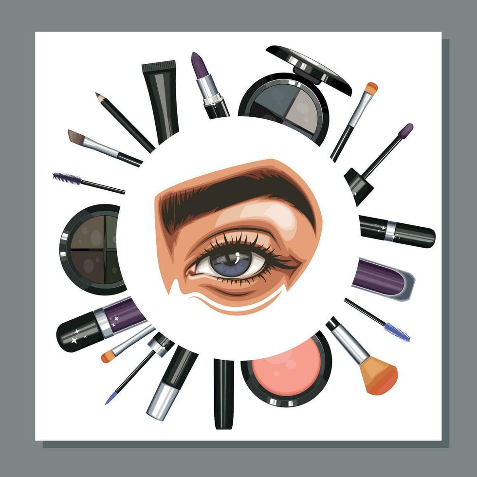 Colorful women's eyes with makeup. Eye makeup closeup.  Beauty Salon Social media design layout template. Beauty Salon Banner template. Hand-Drawn vector illustration female eyes set.