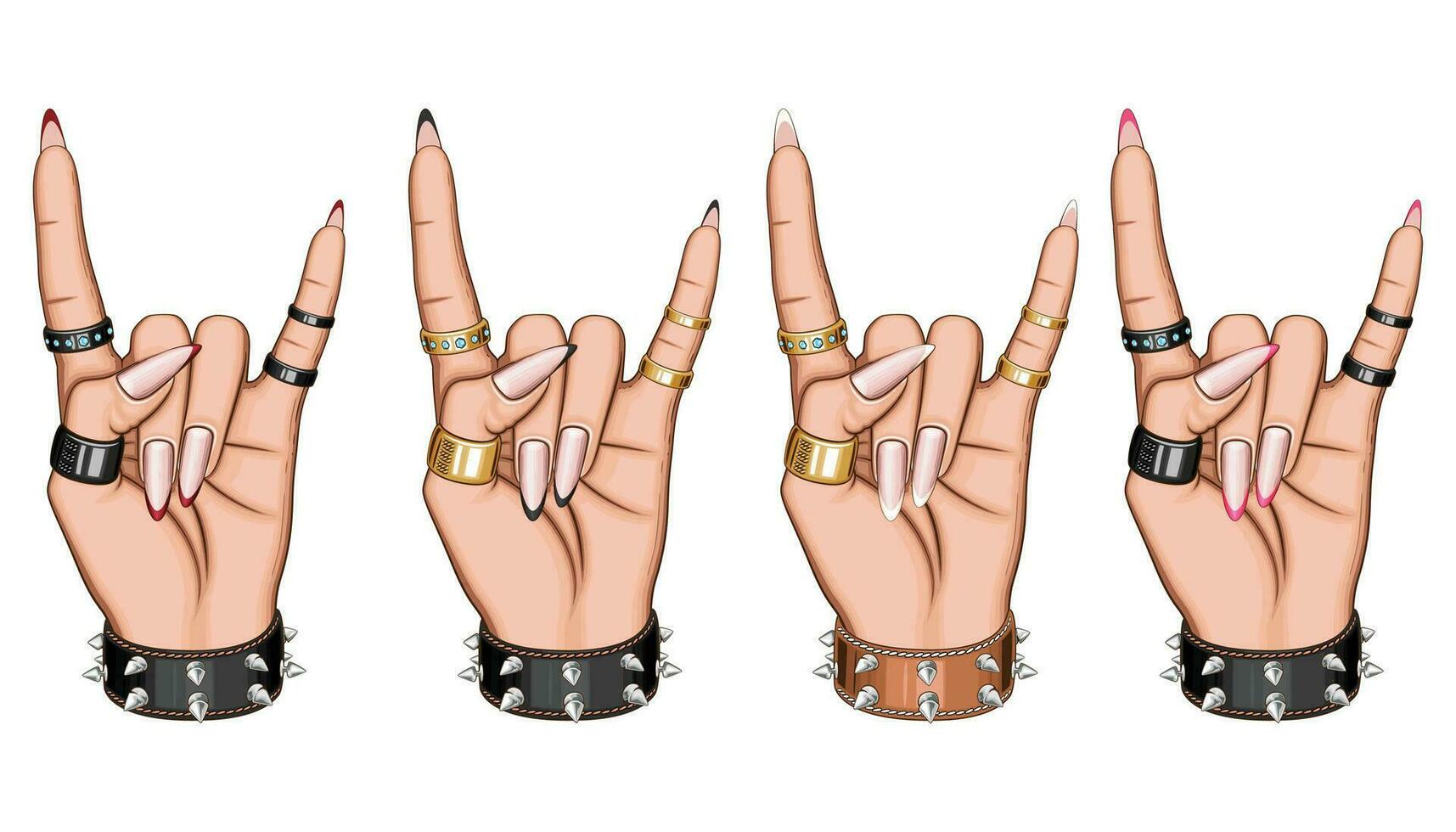 hembra mano en rock gesto ilustración. pesado metal signo. hembra mano con hermosa manicura y anillos belleza salón diseño concepto mano dibujado vector Arte