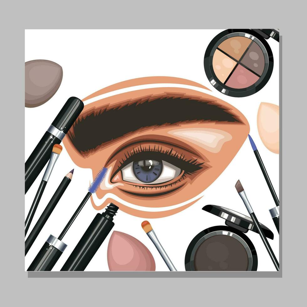 Colorful women's eyes with makeup. Eye makeup closeup.  Beauty Salon Social media design layout template. Beauty Salon Banner template. Hand-Drawn vector illustration female eyes set.