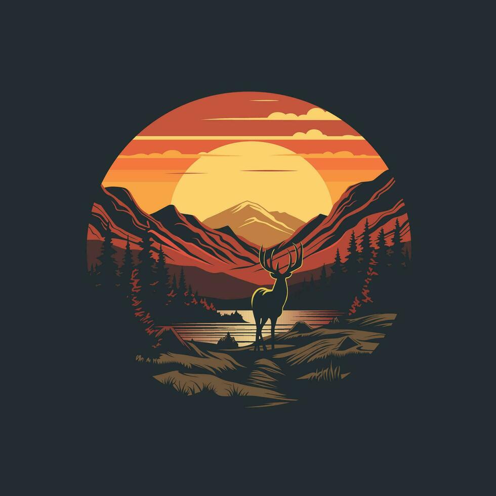 montaña paisaje con un alce y puesta de sol. vector ilustración.
