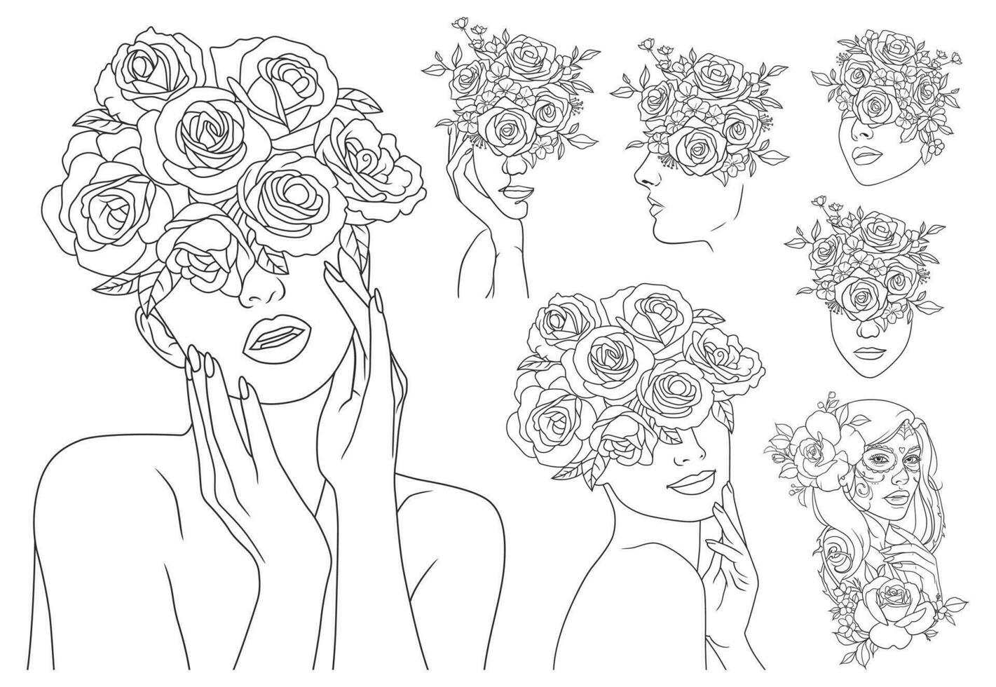 Vector set of beautiful women with flowers in their hair. Black and white illustration.