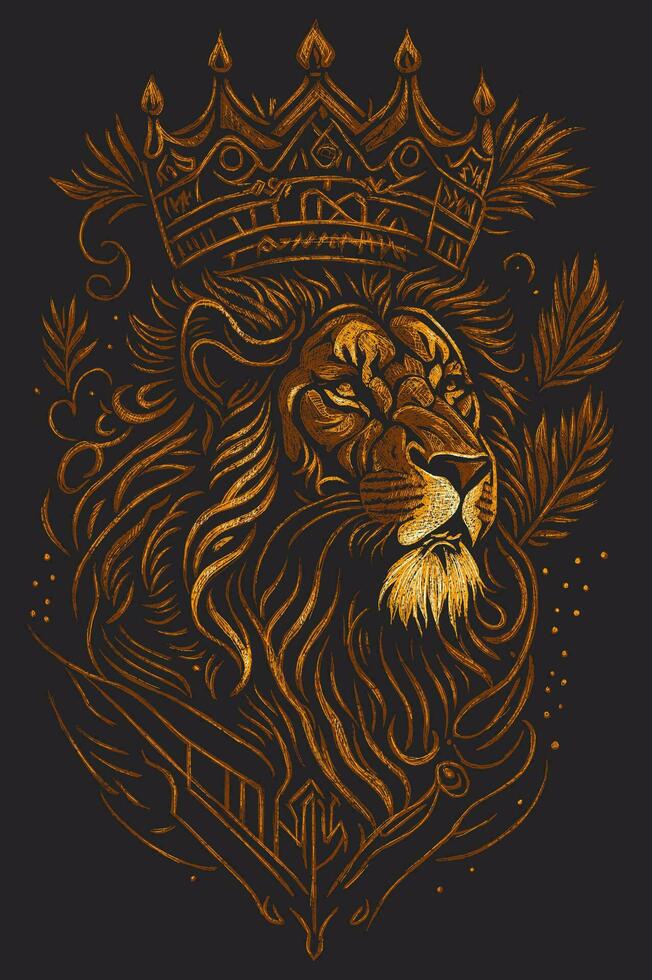 Lion head with crown. Hand drawn vector illustration on black background.
