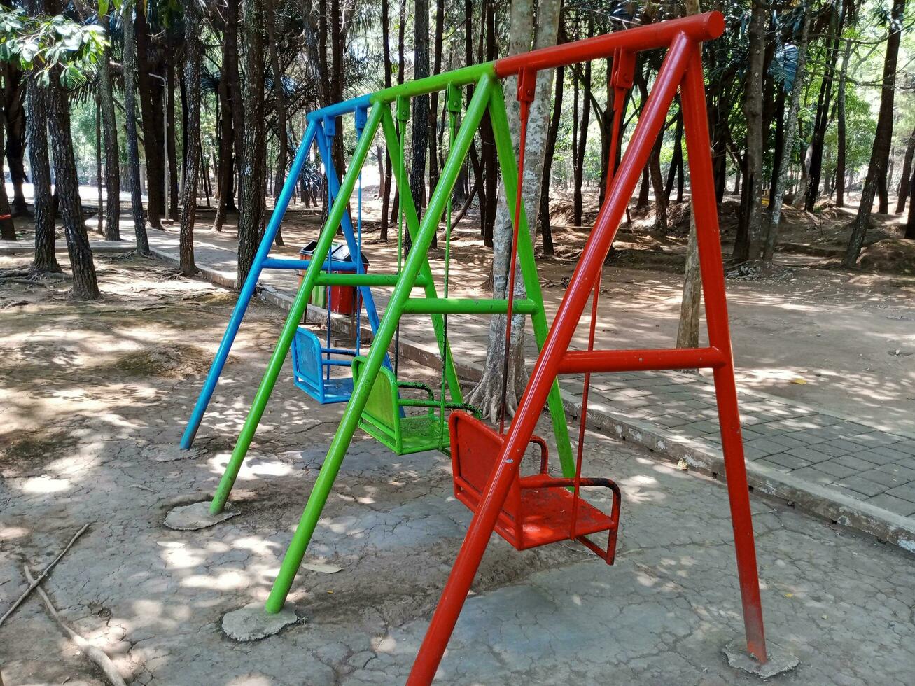 colorful swings in the park, swing in the garden, empty swings in the playground photo