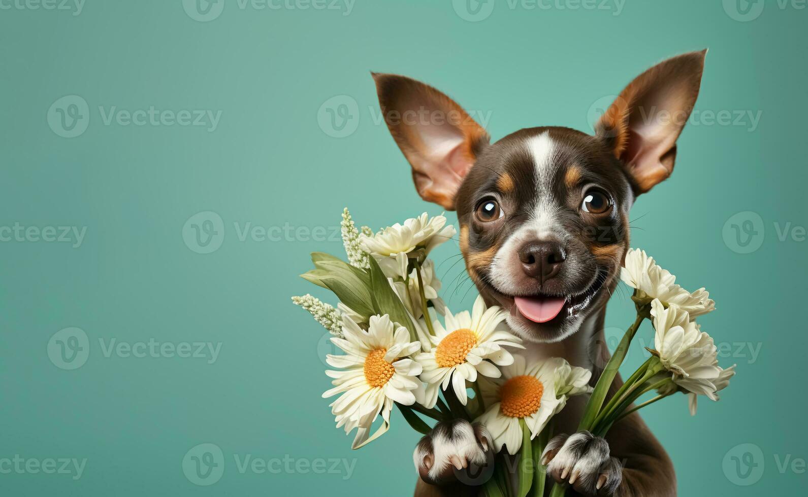 AI generated Happy dog holding bouquet fresh flowers over vivid turquoise background. Portrait adorable chihuahua puppy. Women's or Mother's day greeting card design photo