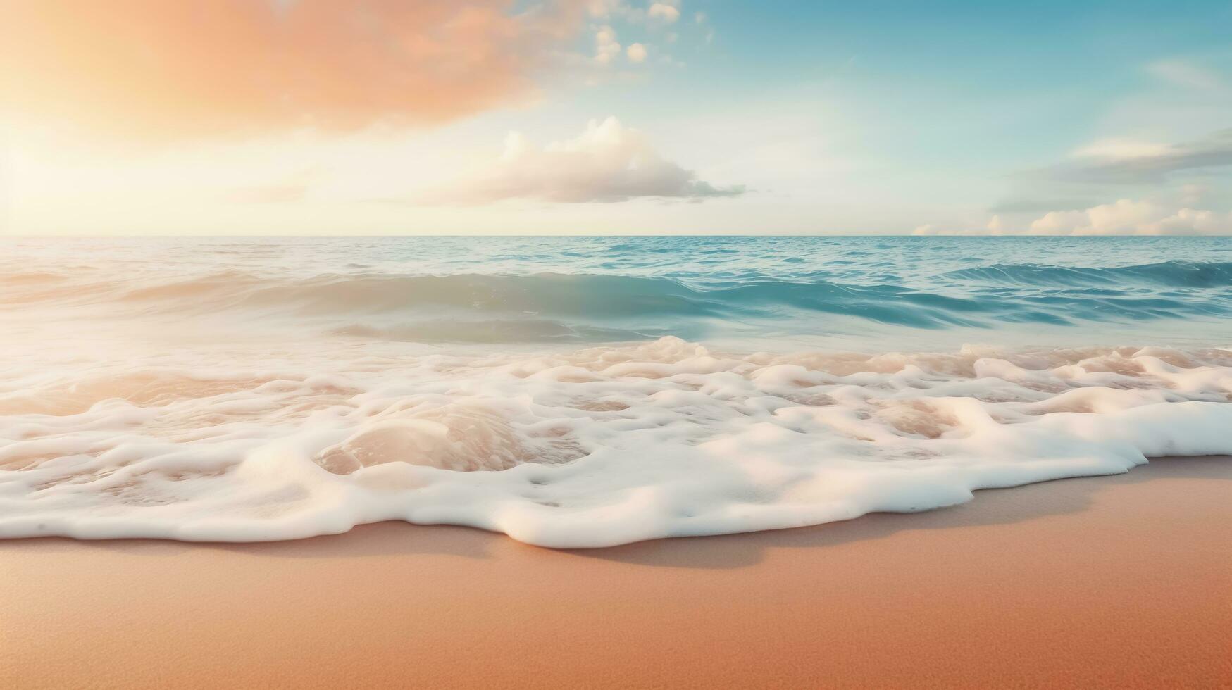 AI generated Dreamy sunset at the sea coast. Splash of seafoam on sandy beach. Cloudy blue sky with sunshine. Nature background, selective focus photo