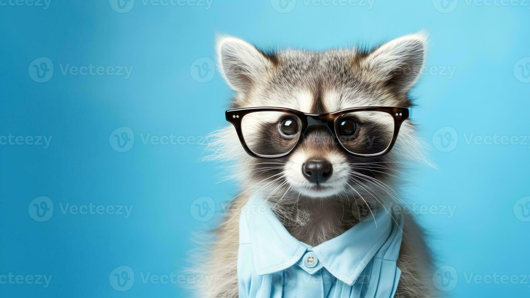 AI generated Funny young raccoon wearing glasses isolated on bright blue background. Adorable animal portrait. Horizontal banner template with copy space photo
