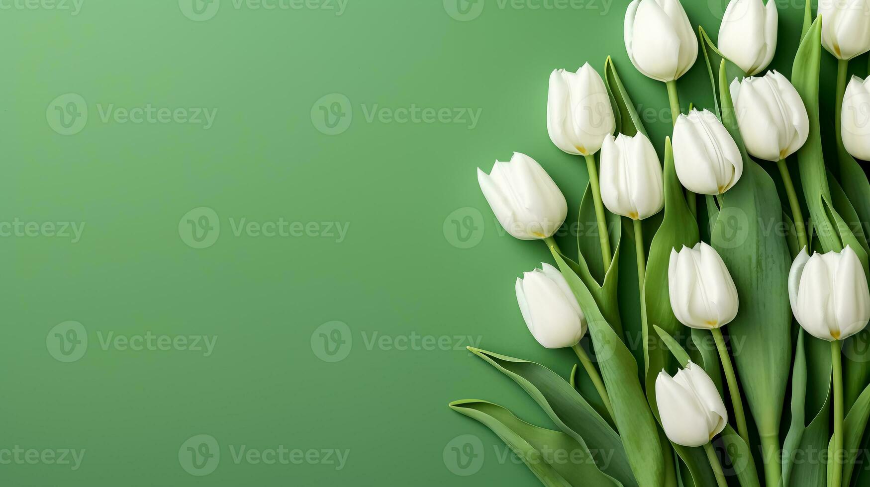 AI generated Frame made of white tulip flowers on green background. Minimal floral mock up, banner template or greeting card. Flat lay, top view photo