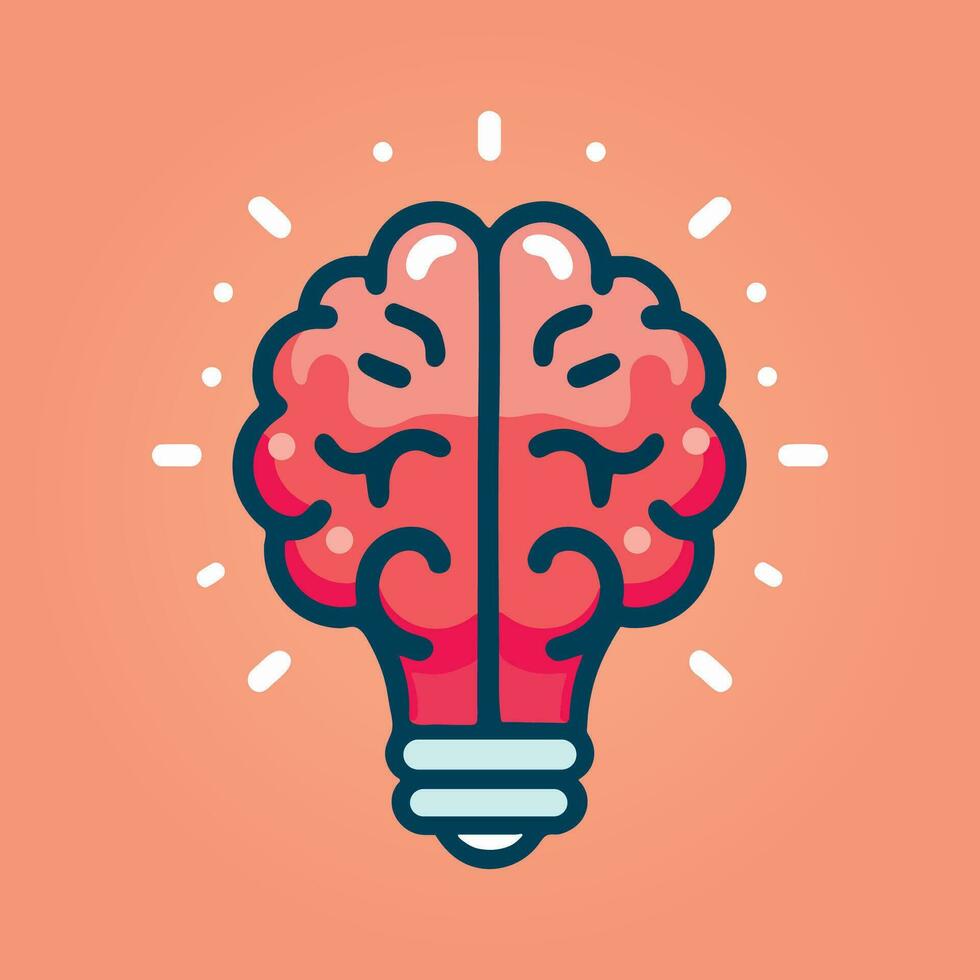 creative light bulb lamp inside brain thinking idea innovation education icon flat vector illustration, imagination solution knowledge, technology insight human mind solving problem concept modern art