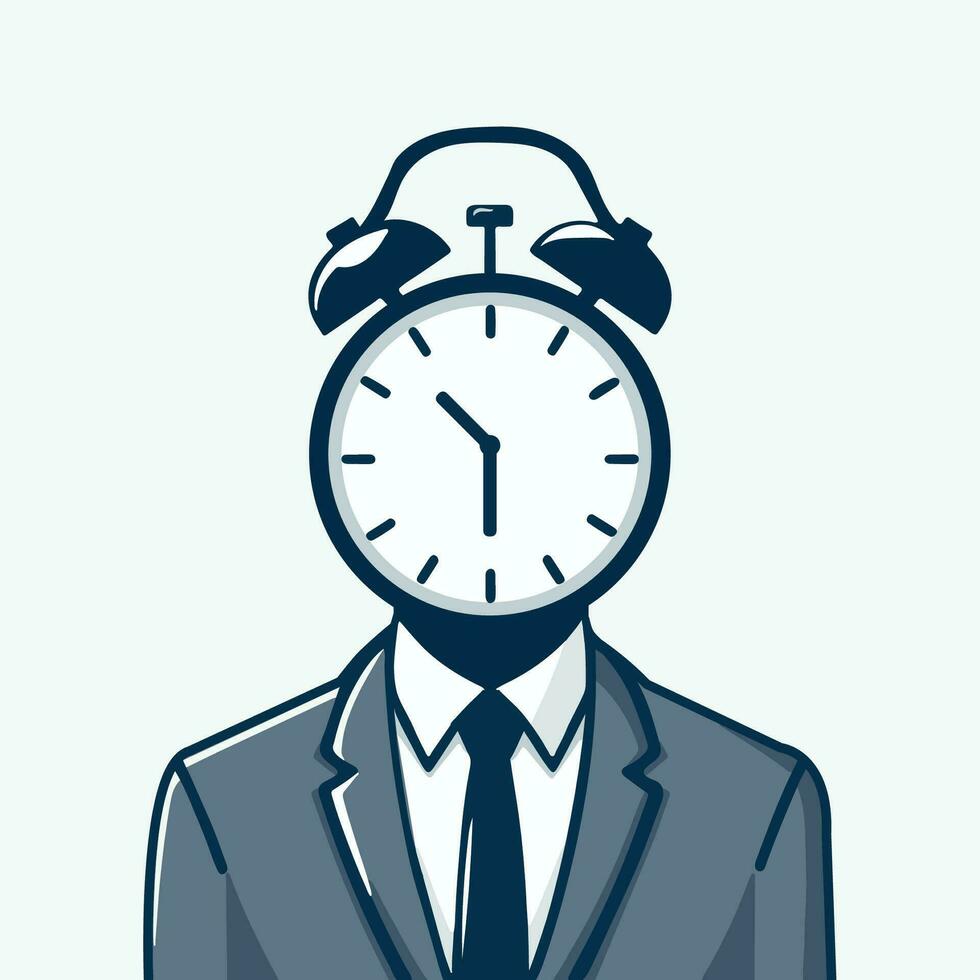 negocio hombre con cabeza reloj, hora gestión, disciplina, estrés presión, dolor de cabeza, depresión concepto plano dibujos animados vector personaje. fecha límite terminado hora empleado trabajador ocupado calendario ilustración