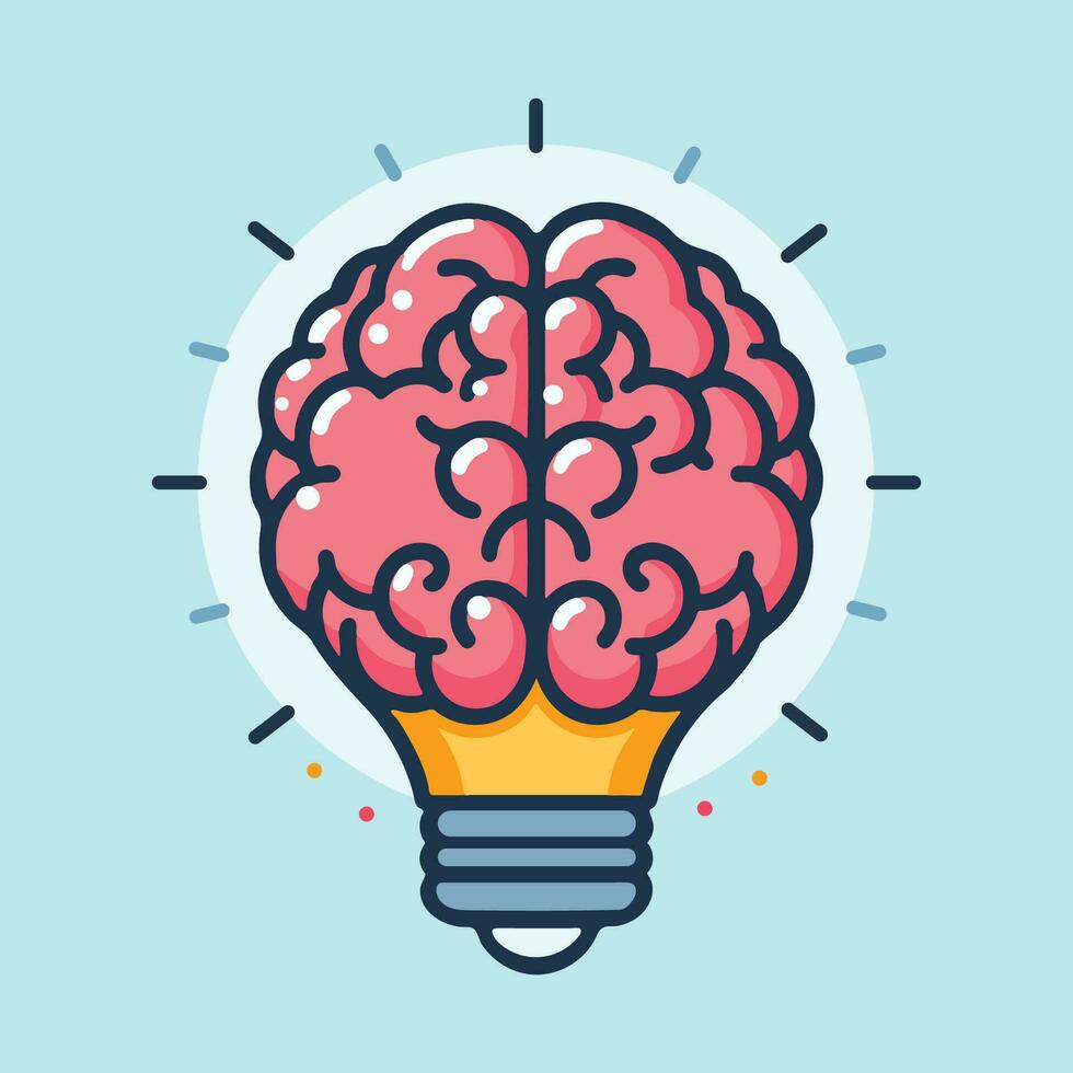 creative light bulb lamp inside brain thinking idea innovation education icon flat vector illustration, imagination solution knowledge, technology insight human mind solving problem concept modern art