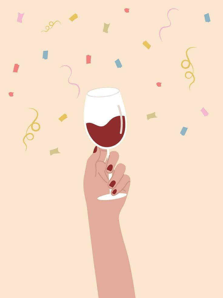 flat female hand with red wine, celebration, birthday, anniversary. poster vector