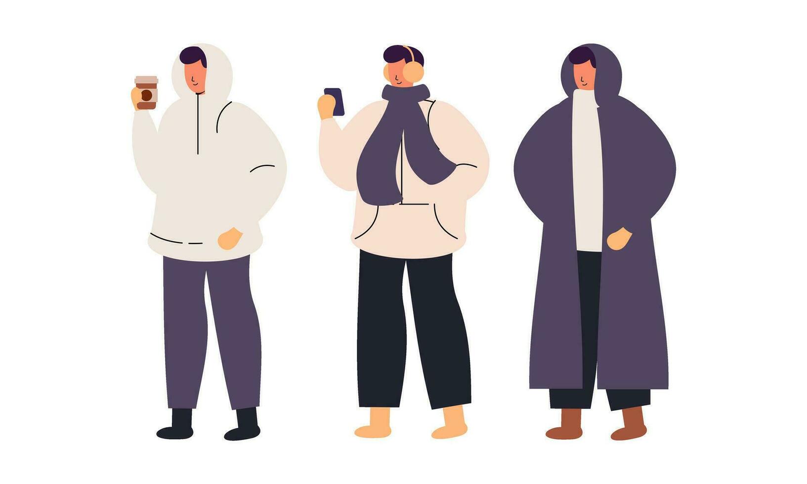 Stylish People Wearing Warm Winter Clothes. Men, Women in Outfits for Cold Weather Vector Illustration