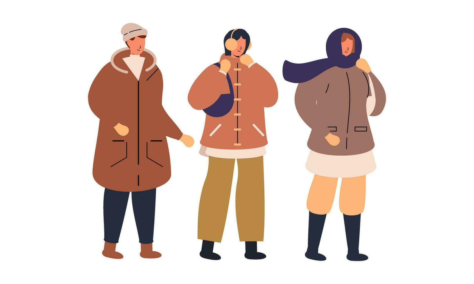 Stylish People Wearing Warm Winter Clothes. Men, Women in Outfits for Cold Weather Vector Illustration