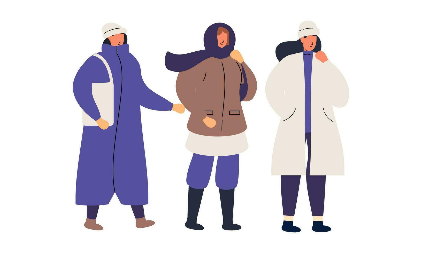 Stylish People Wearing Warm Winter Clothes. Men, Women in Outfits for Cold Weather Vector Illustration