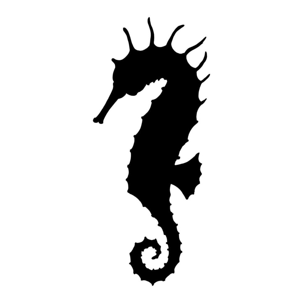 Seahorse vector silhouette. Hand drawn illustration of Sea Horse on isolated background in outline style. Linear drawing of marine animal. Engraving of underwater fish painted by black ink
