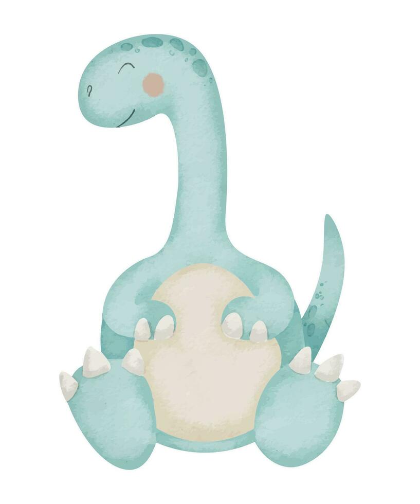 Dinosaur Diplodocus Watercolor illustration. Hand drawn clip art of blue Dino sitting on isolated background. Cartoon character for Baby. Painting of cute animal for birthday cards and invitations vector