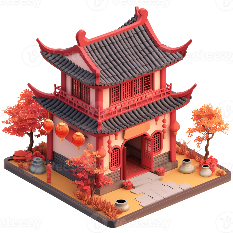 AI generated Traditional Asian house isometric, 3d design. Suitable for events and design elements png