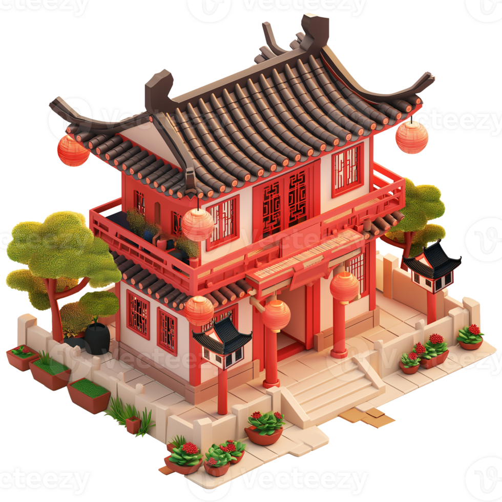 AI generated Traditional Asian house isometric, 3d design. Suitable for events and design elements png