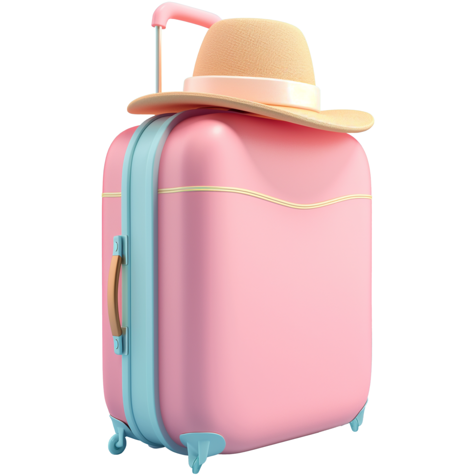 AI generated Cute lady suitcase with beach hat on it, 3d design. Suitable business, travel and design elements png