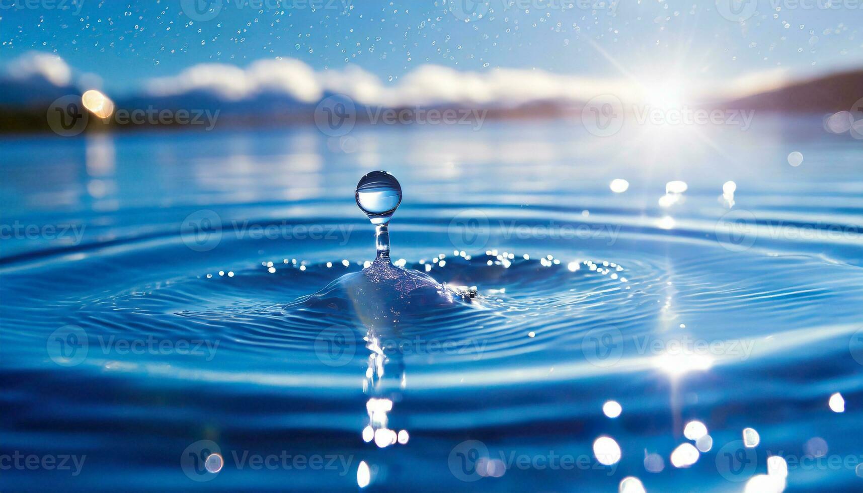 AI generated water drop with sun shining over it photo