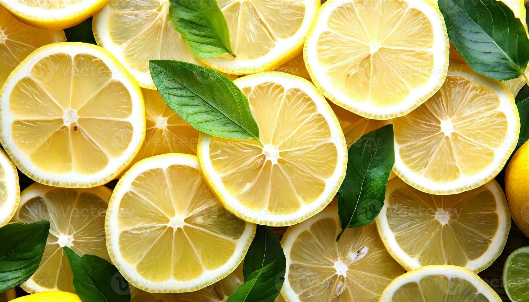 AI generated a pile of lemons with leaves on top photo