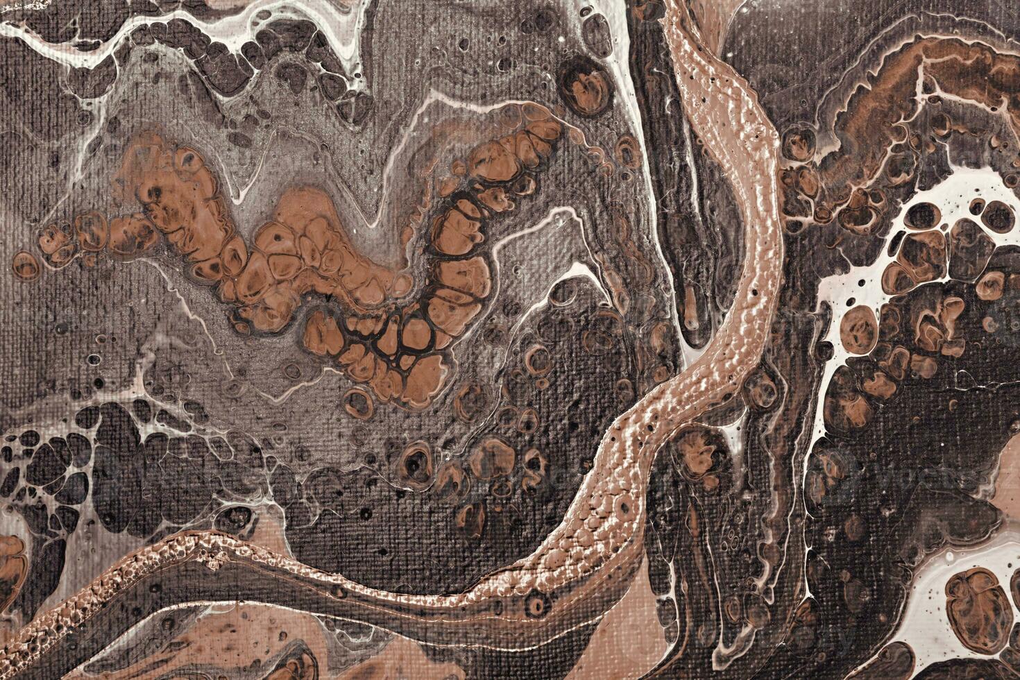 Acrylic Fluid Art. Brown paint bubbles on beige waves. Liquid Gold Wave on canvas. Digital decor. Abstract stone background or texture photo