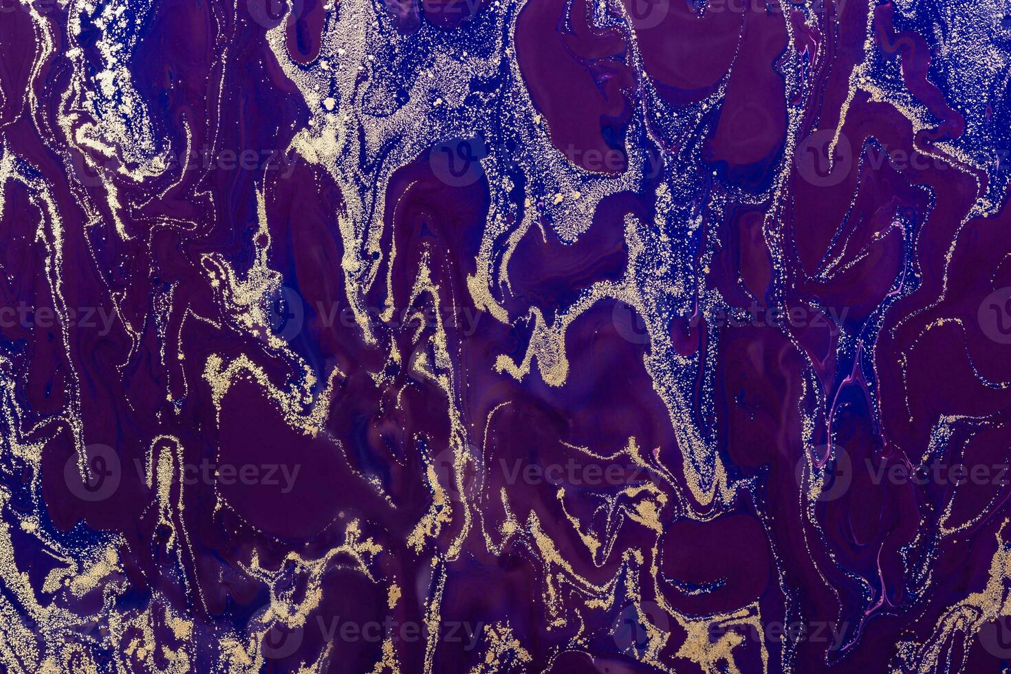 Acrylic Fluid Art. Luxury Pattern Gold and Purple Waves on blue background. Abstract marble background or texture photo