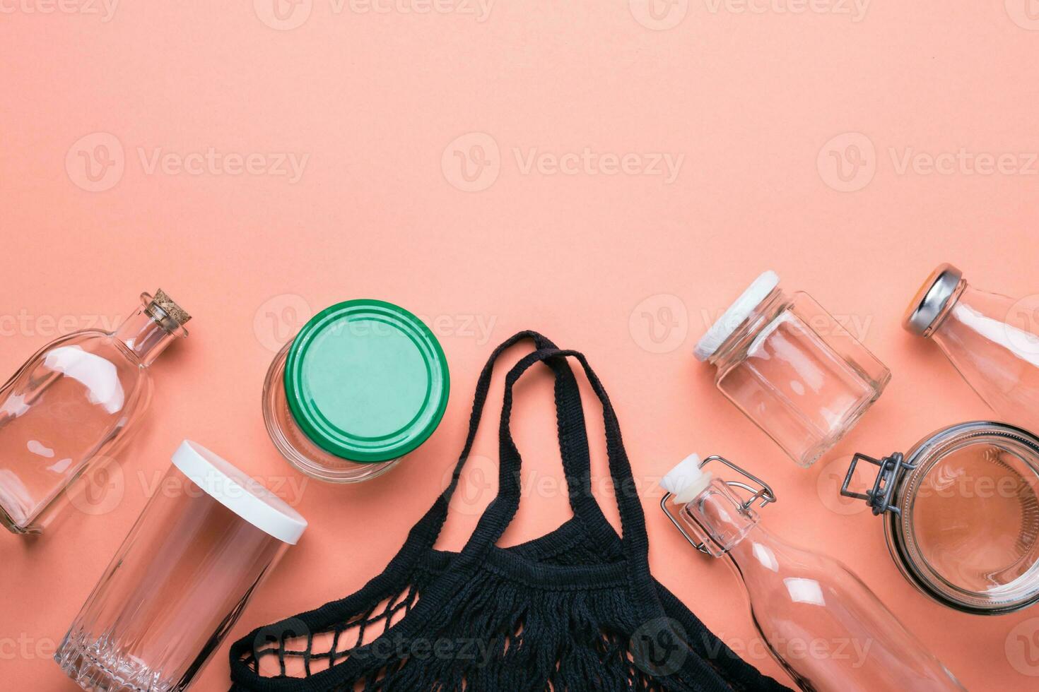 Set of jars and cotton mesh bag for zero waste shopping photo