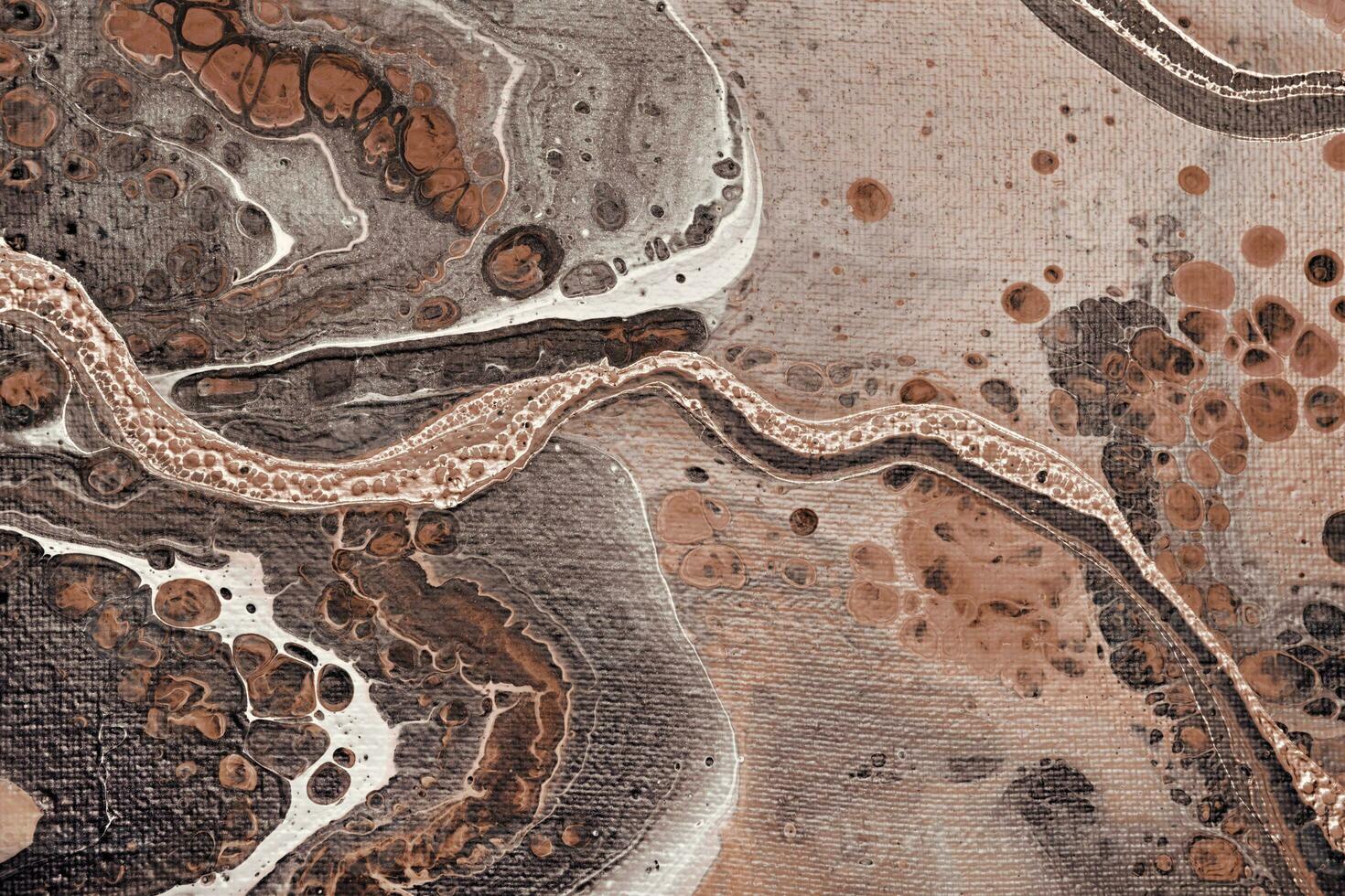 Acrylic Fluid Art. Brown paint bubbles on beige waves. Liquid Gold Wave on canvas. Digital decor. Abstract stone background or texture photo