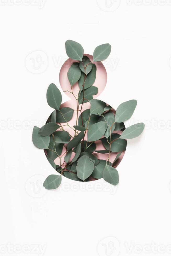 Number 8 hole and eucalyptus branches. March 8th concept. Greeting Card Women's Day on March 8th photo