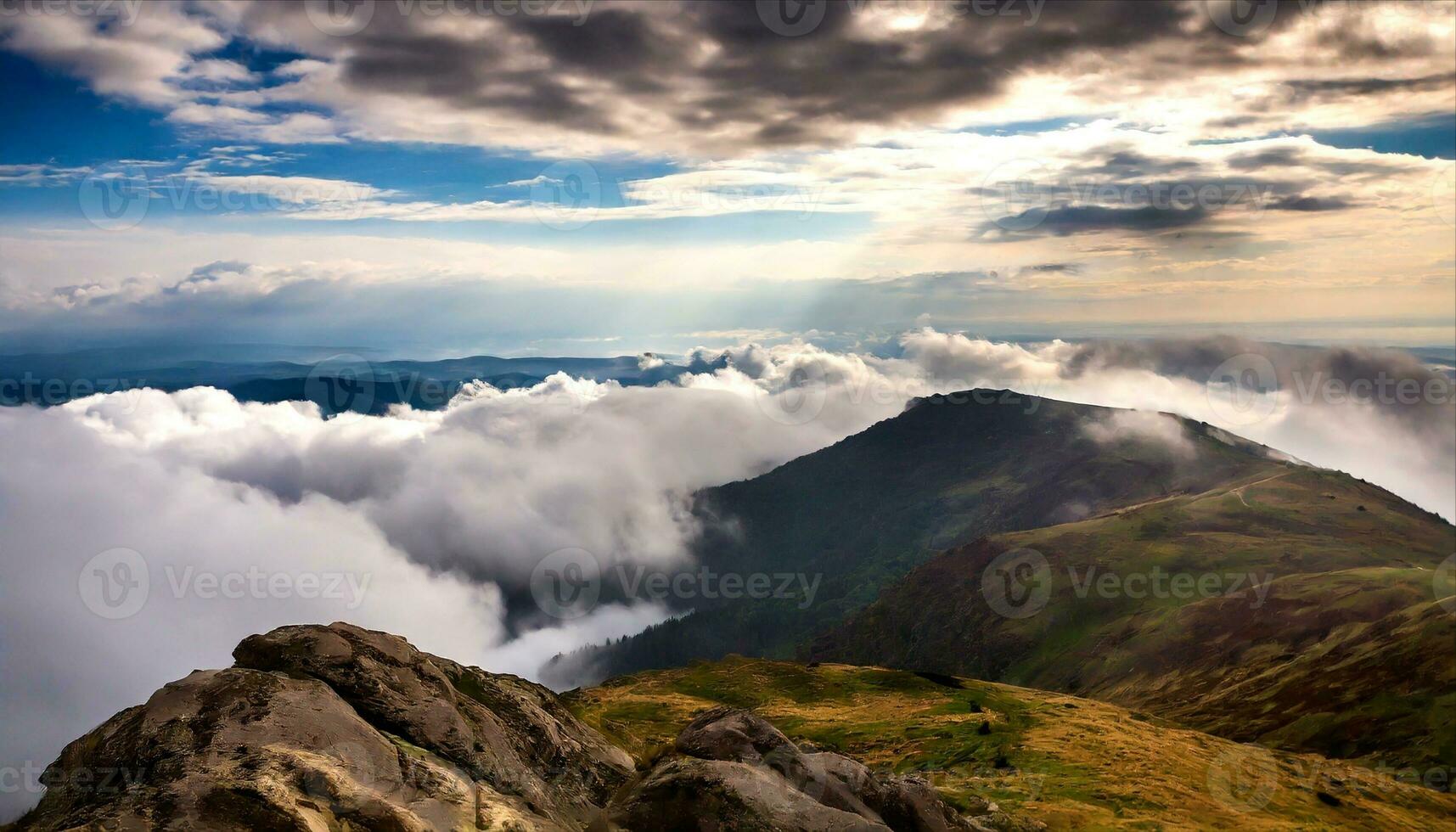 AI generated a view of clouds and mountains from a mountain top photo