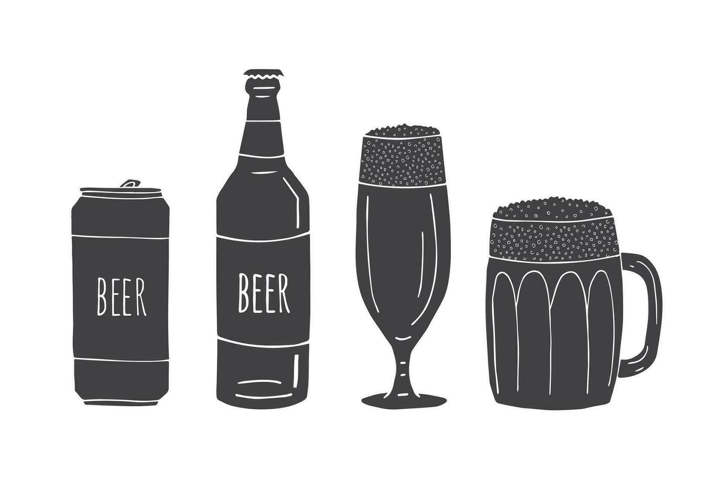 Vector set of hand drawn beer cans and bottles