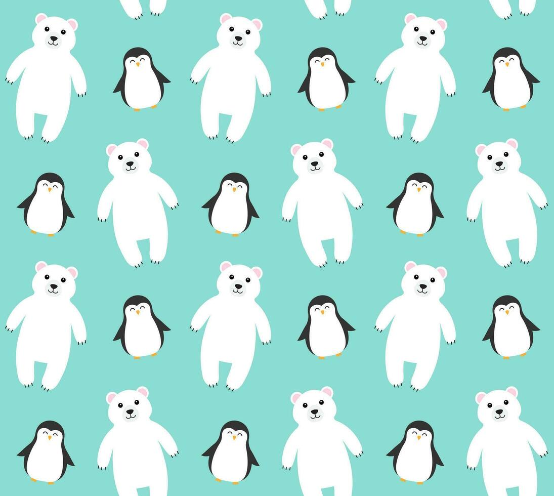 Seamless pattern of flat polar bear and penguin vector