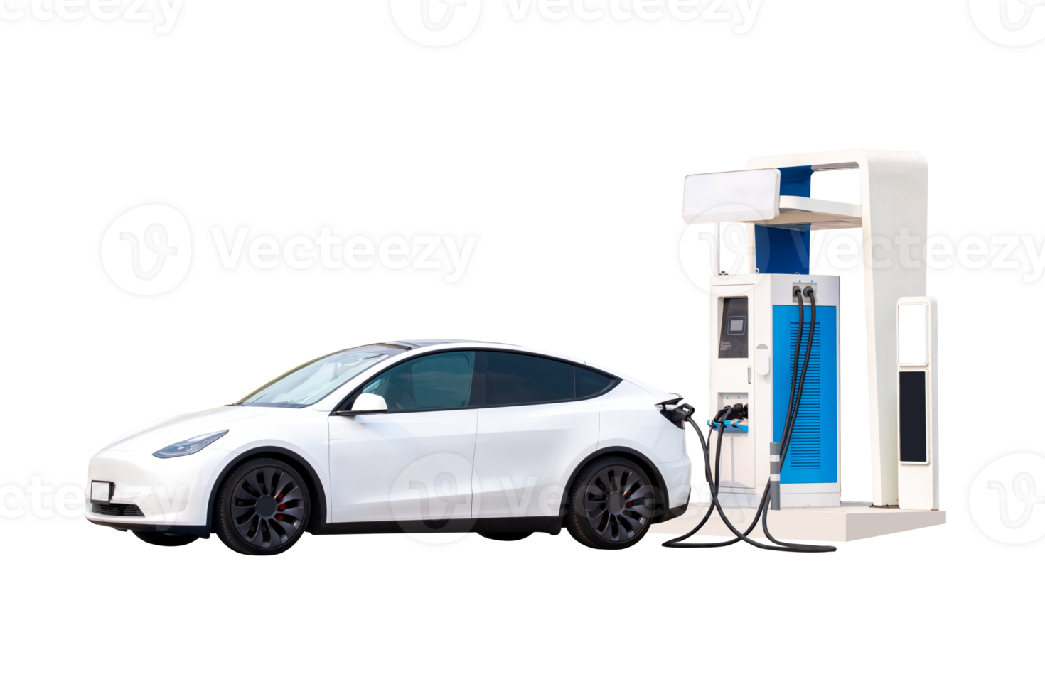 Modern and luxury white electric car is parked and charged in a EV service station. isolate on transparent background, PNG File