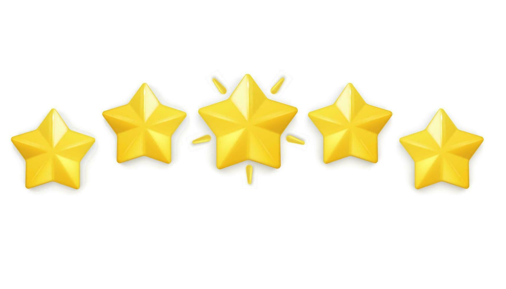 Five glossy yellow stars symbolize gaming achievements, reflecting customer feedback on website employees. Realistic 3D design tailored for mobile applications. Vector illustration