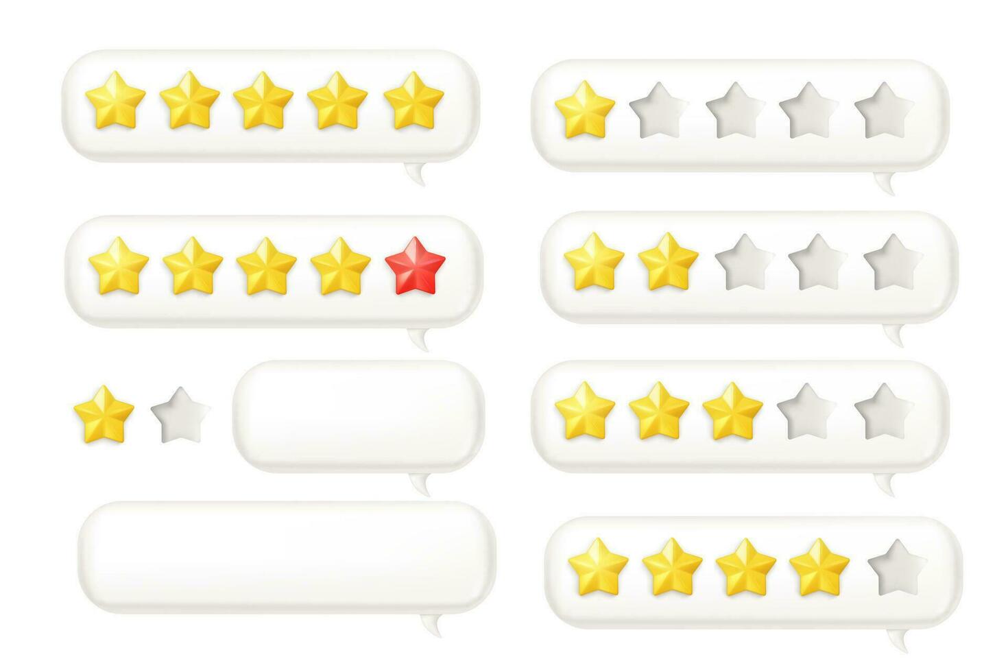 Versatile set of glossy stars for gaming achievements, customer ratings, and website employee feedback. Realistic 3D design, perfect for mobile apps. Vector illustration.