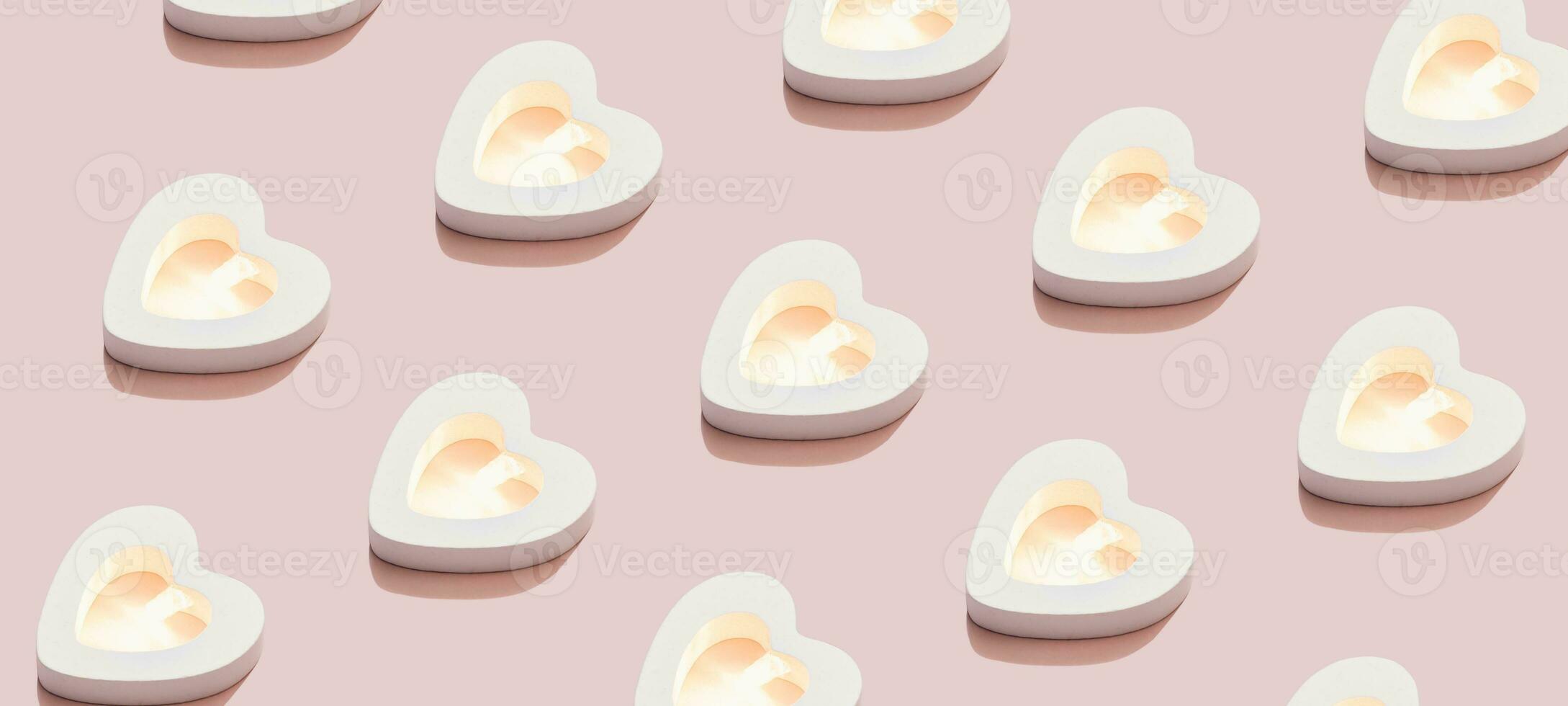 Creative Background made of Heart with sparkle inside. Isometric romantic pattern in pastel colors, banner format photo