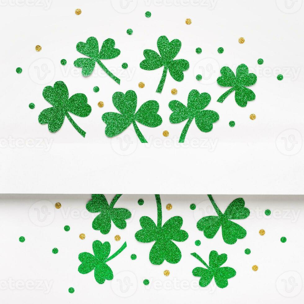 Happy St. Patricks Day background. Green glitter shamrocks pattern background photo