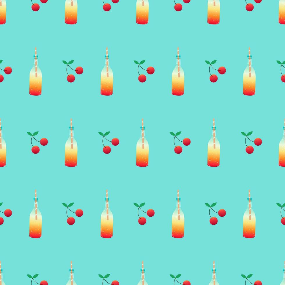 Vector illustration. Seamless summer pattern with hand drawn beach background elements such as watermelon, sunglasses, flowers, hat, pineapple, clouds.