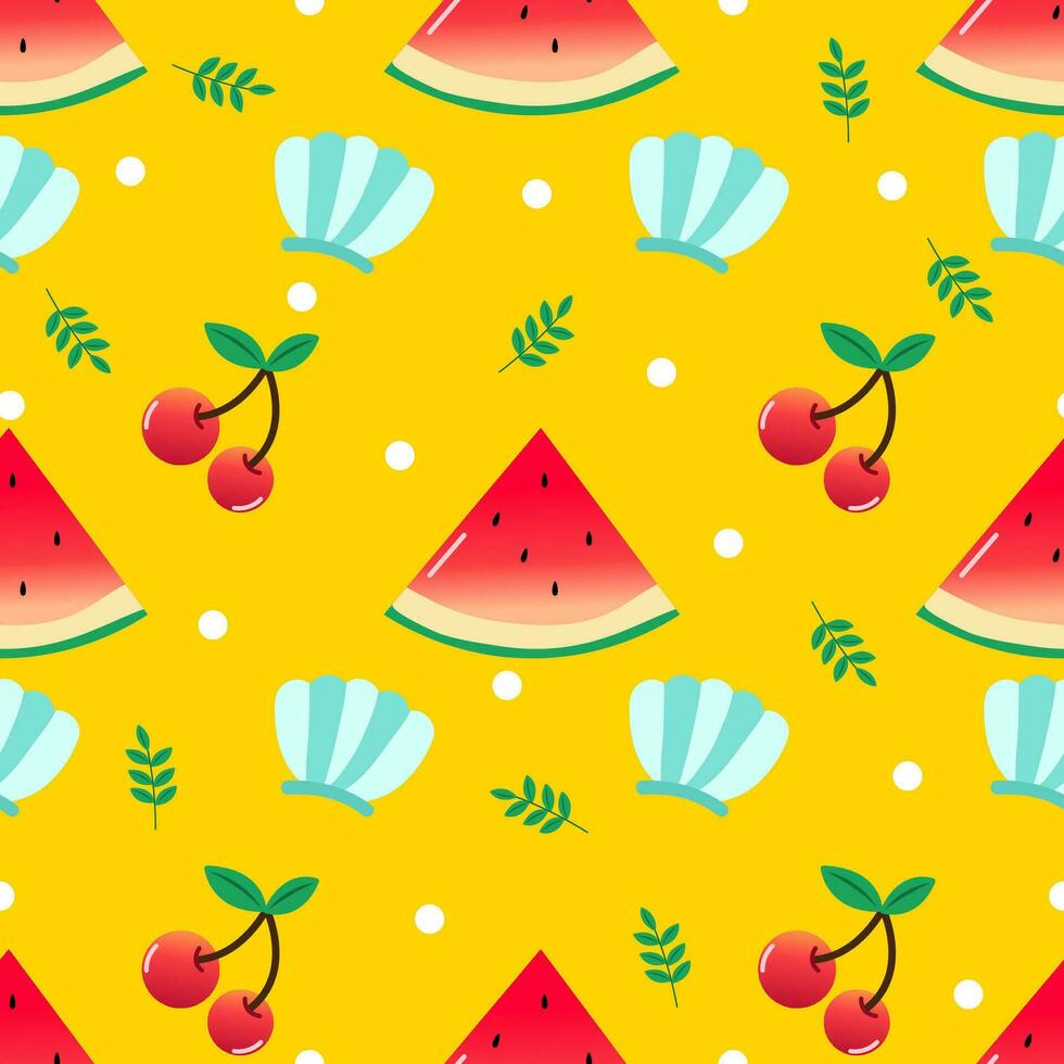 Vector illustration. Seamless summer pattern with hand drawn beach background elements such as watermelon, sunglasses, flowers, hat, pineapple, clouds.