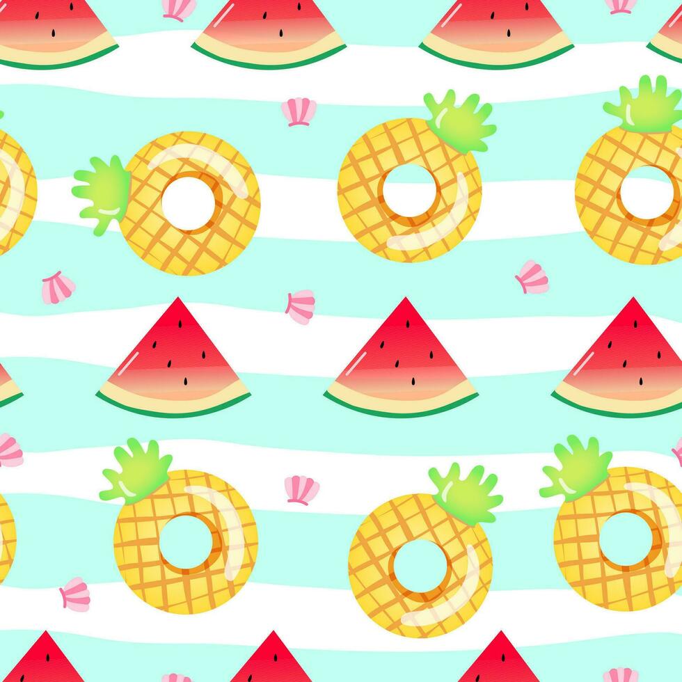 Vector illustration. Seamless summer pattern with hand drawn beach background elements such as watermelon, sunglasses, flowers, hat, pineapple, clouds.