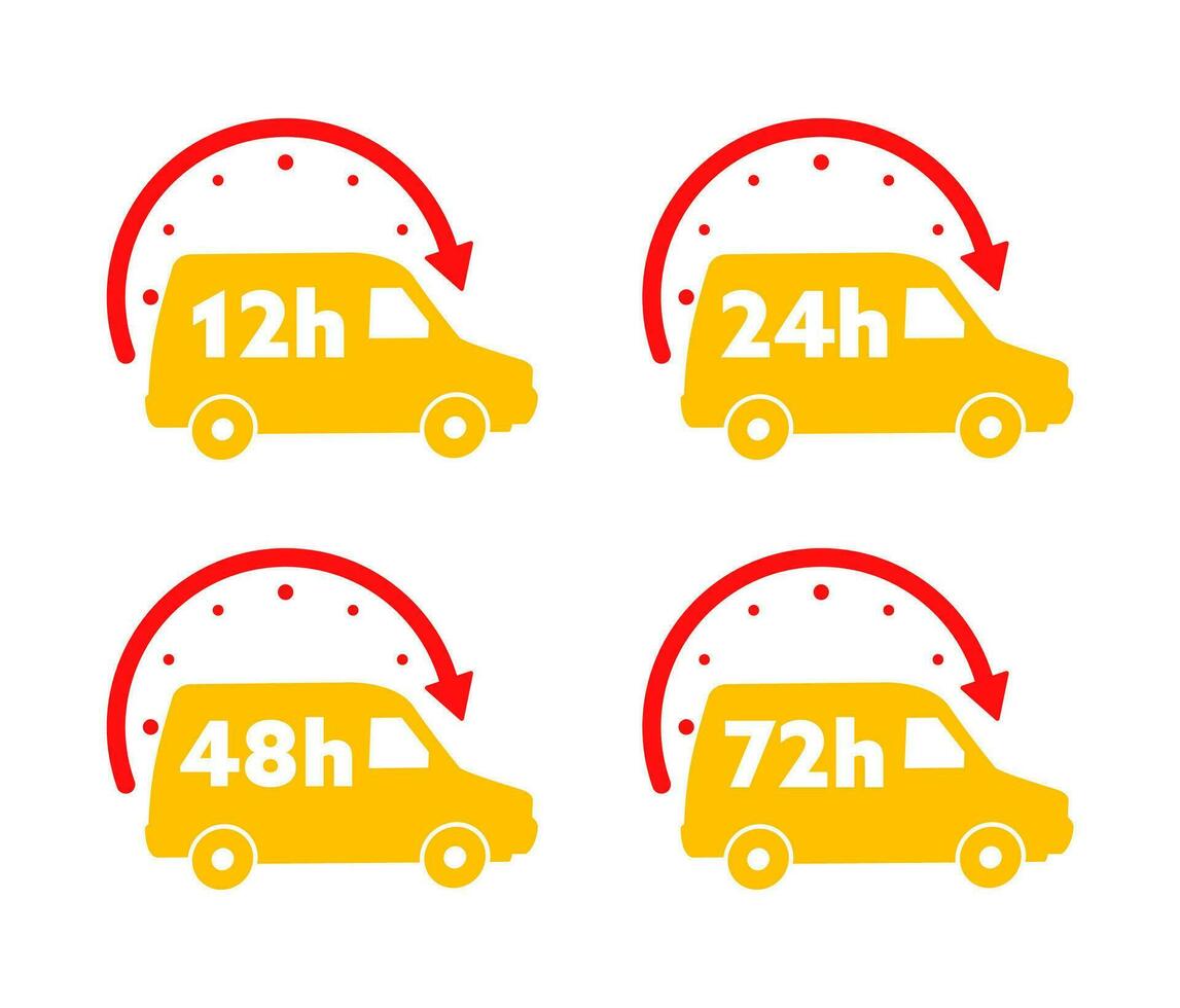 12, 24, 36, 48 and 72 hours clock arrow. Working and Delivery service effect time icons. Order execution. Vector stock illustration