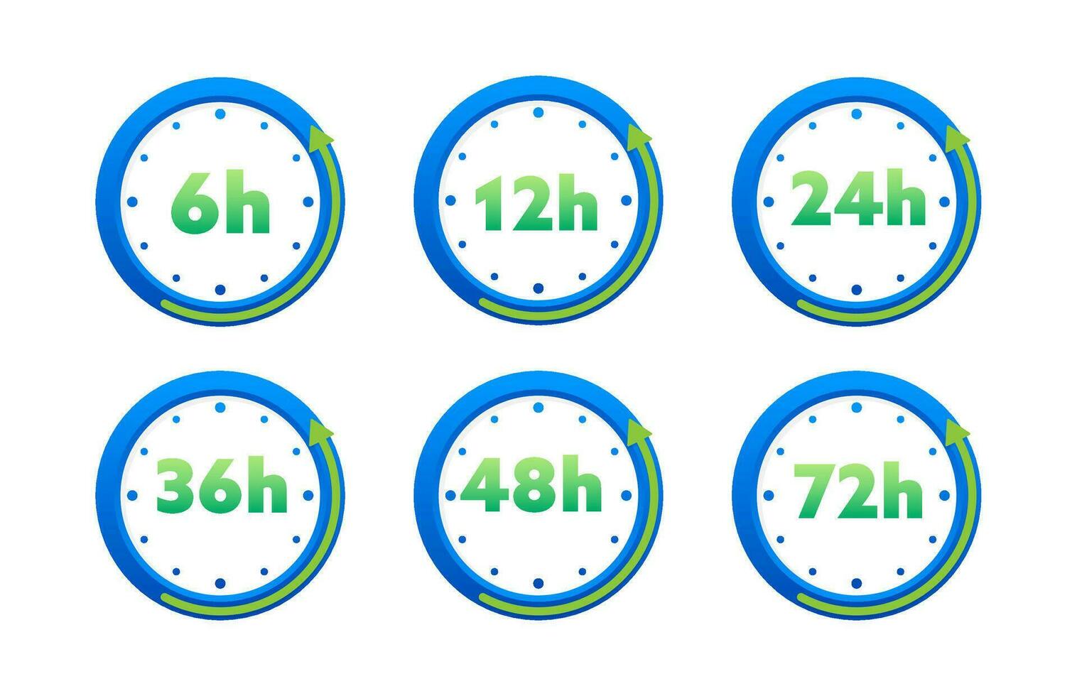 12, 24, 36, 48 and 72 hours clock arrow. Working and Delivery service effect time icons. Order execution. Vector stock illustration