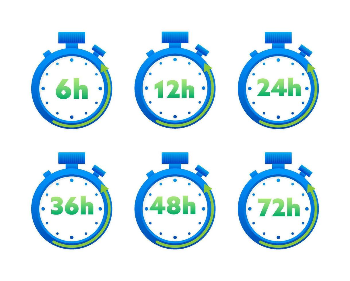 12, 24, 36, 48 and 72 hours clock arrow. Working and Delivery service effect time icons. Order execution. Vector stock illustration