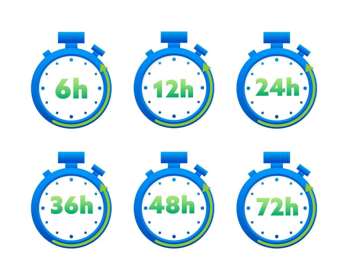 12, 24, 36, 48 y 72 horas reloj flecha. trabajando y entrega Servicio efecto hora iconos orden ejecución. vector valores ilustración