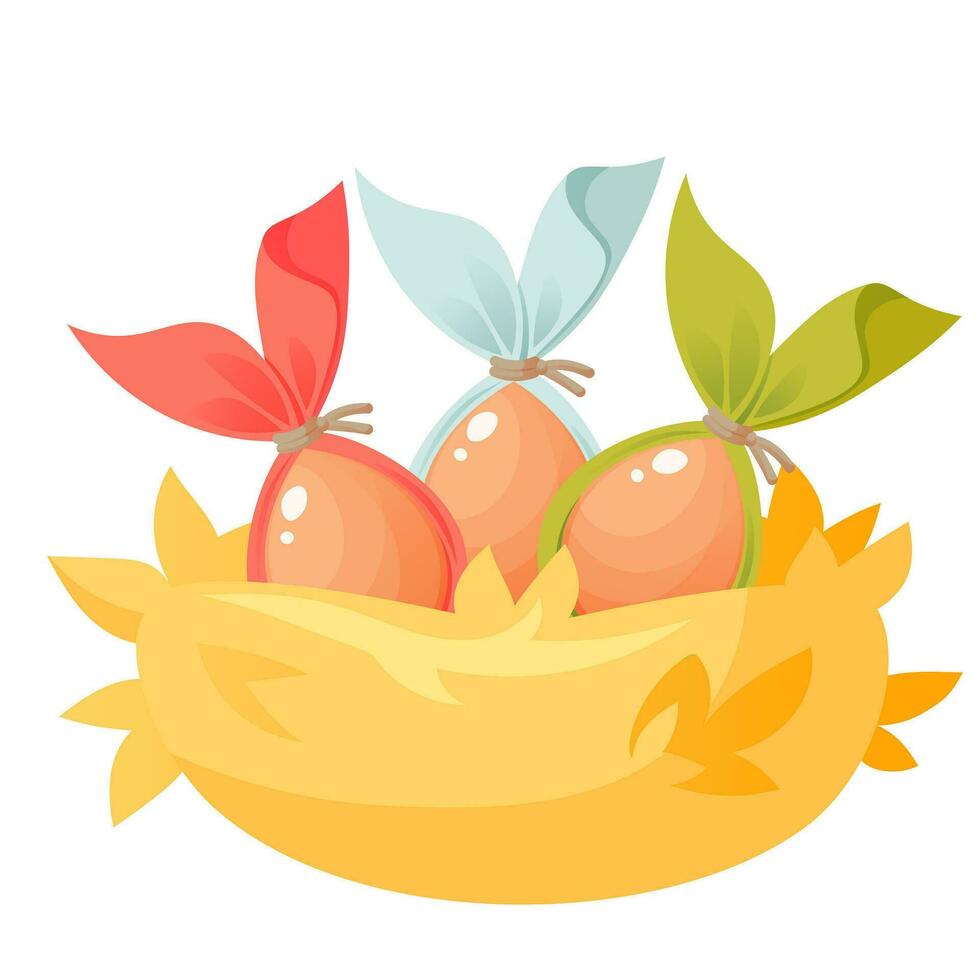 Easter eggs with colorful ears in a nest made of straw. Festive composition, vector illustration on a white background. Cartoon nest with three eggs.Happy Easter. Design for Easter cards, banners.