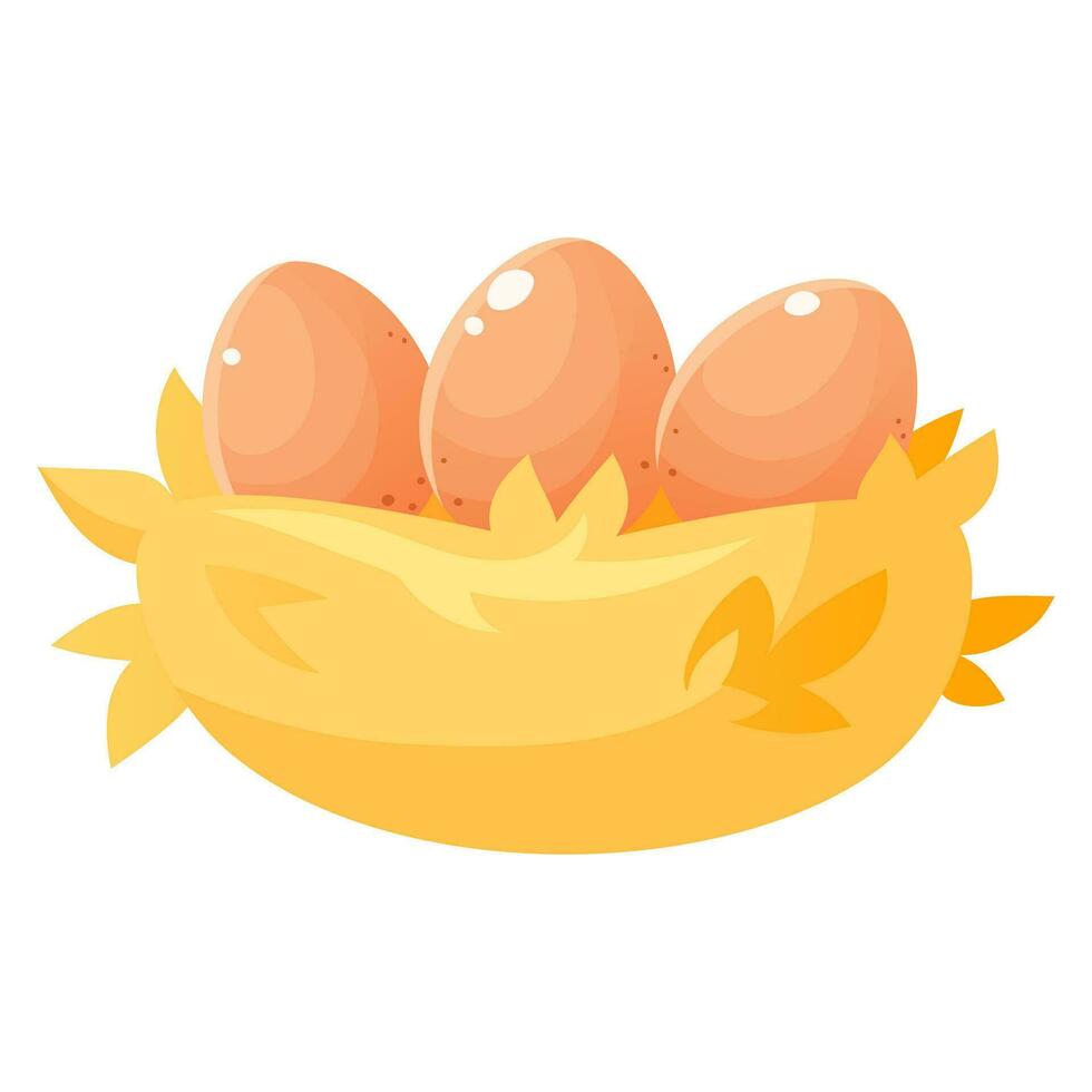 Three eggs in a nest of straw. Cartoon nest with eggs on a white background. Farm, agriculture. Chicken eggs. Template for design on an Easter theme, on the theme of farming. vector
