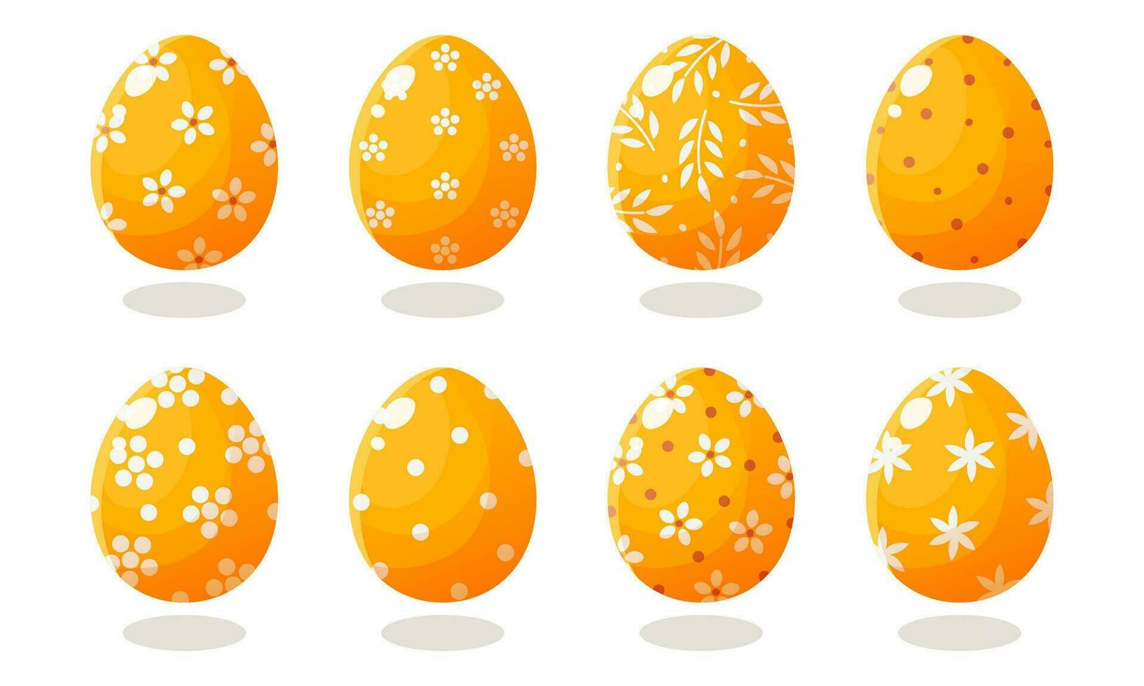 A set of yellow Easter eggs with different patterns. Vector illustration on a white background. Happy easter. Spring holiday. Collection of decorative Easter symbol. Spring colorful chocolate egg.