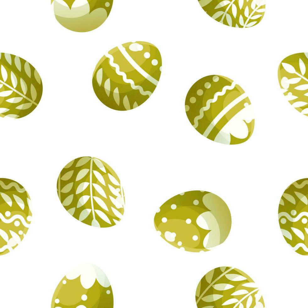 Seamless pattern for Easter and spring from green eggs decorated with ornaments on a white background. Seamless vector pattern. For Easter gift wrapping, paper, textiles. Happy Easter holiday elements