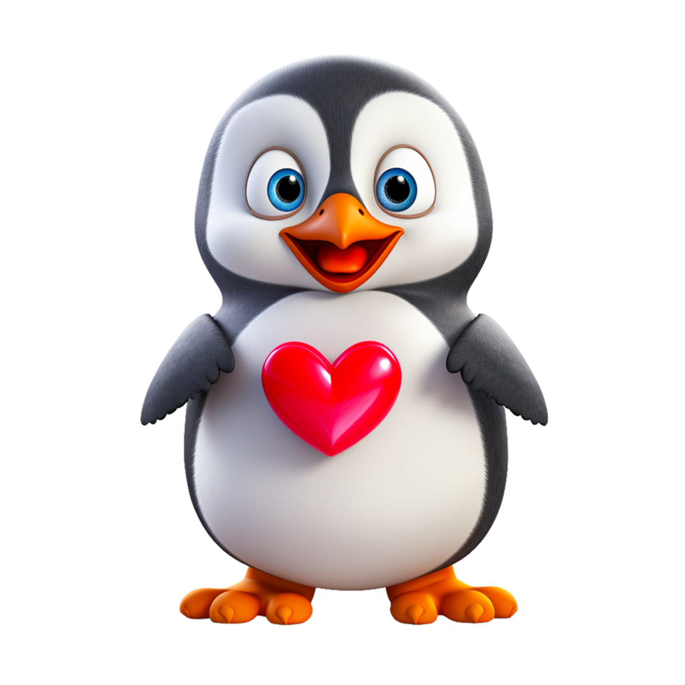 ai generado linda dibujos animados pingüino con pequeño corazón enamorado día png